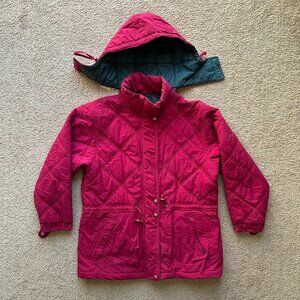 LL Bean Jacket Womens Medium Petite Full Zip Vtg Hood Pink Quilted Pockets Nylon
